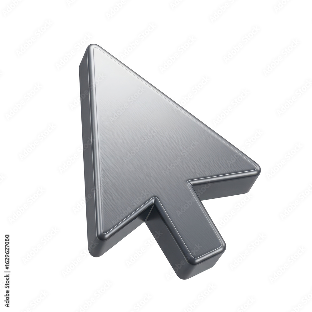Poster a metallic silver computer mouse cursor arrow pointing diagonally upwards and to the right isolated 