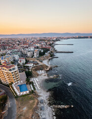 Aerial view to seaside resort Ravda on the Black Sea, Bulgaria at sunset