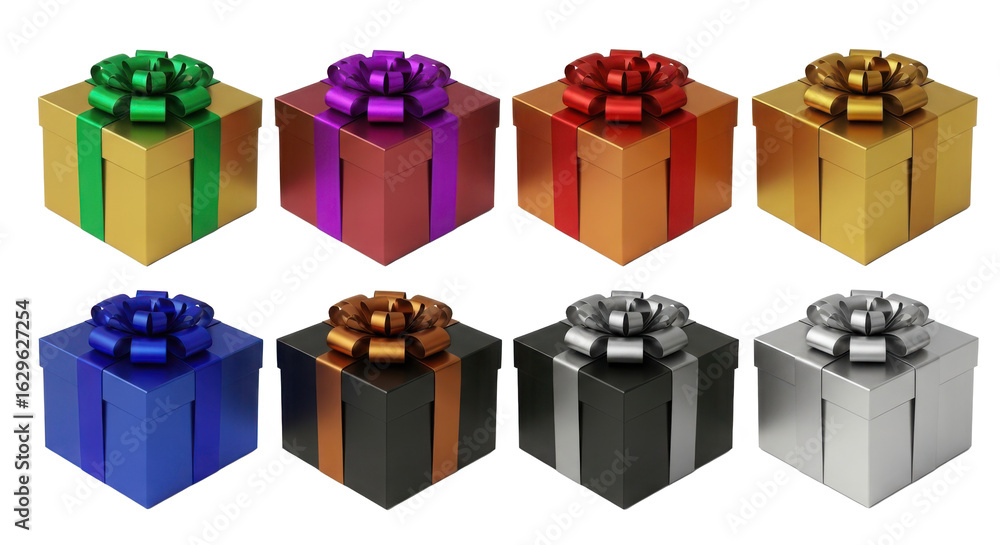 Poster eight colorful and metallic gift boxes with ribbons and bows arranged in two rows isolated on transp