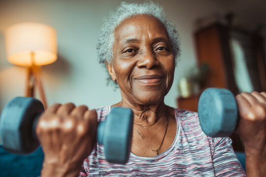 Active and healthy eging lifestyle of adorable Black senior woman exrcising at home