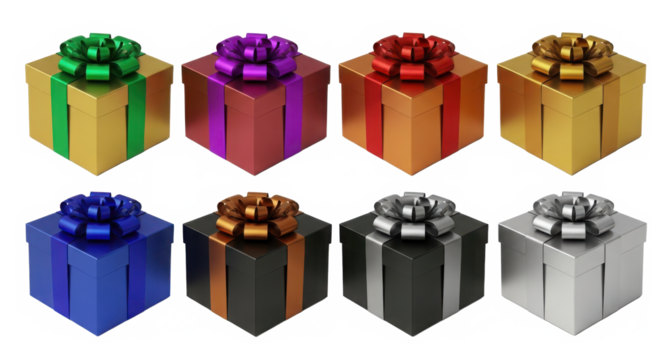Eight colorful and metallic gift boxes with ribbons and bows arranged in two rows isolated on transparent background
