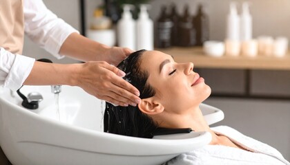 A relaxed woman enjoys a scalp massage while a hairdresser washes her dark hair in a salon sink.