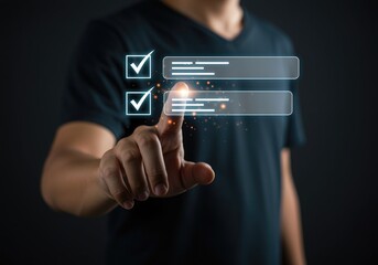 Person s finger interacting with a digital checklist interface on a dark background.