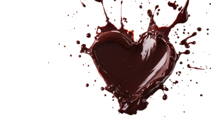
A heart made of chocolate is splattered on a white background
