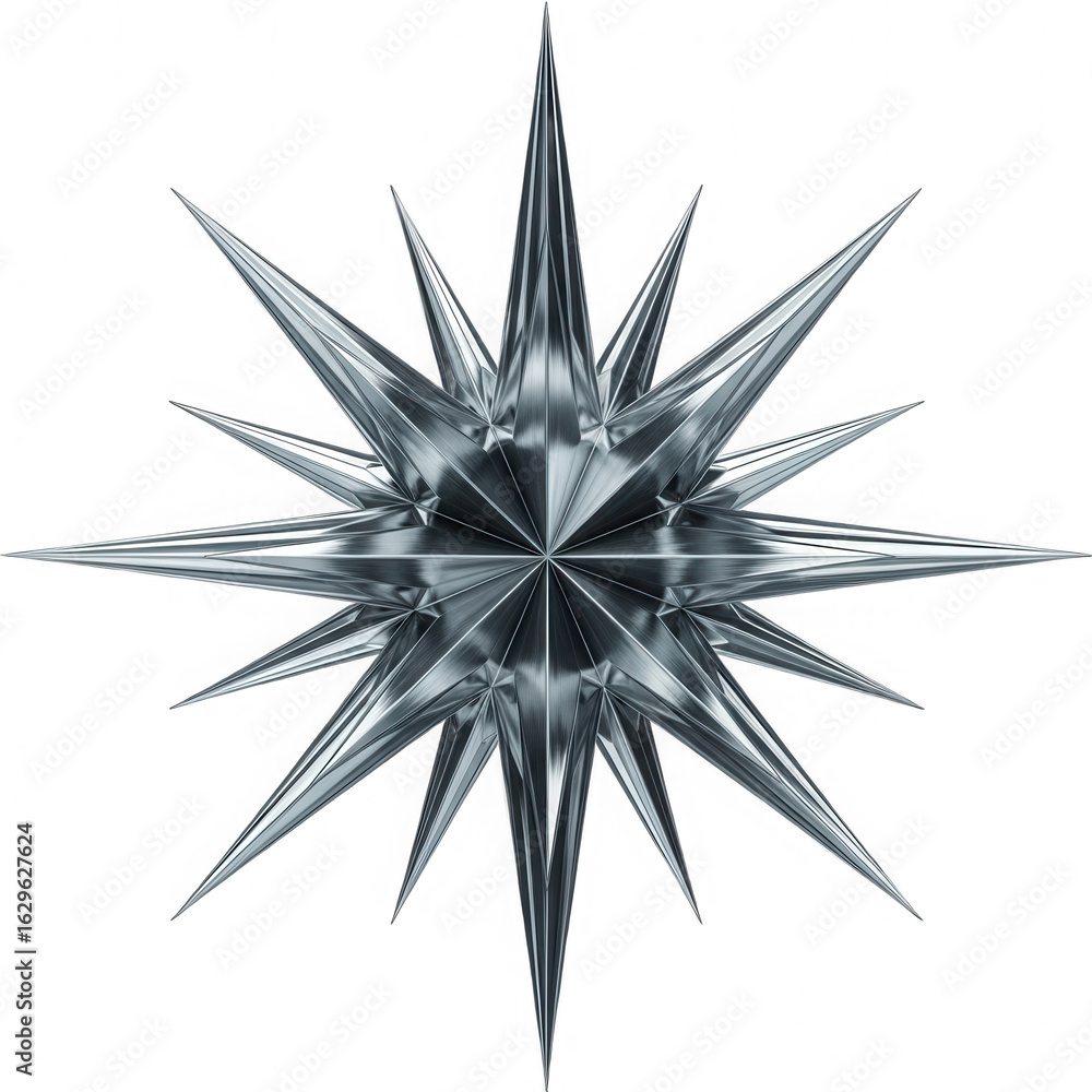 Poster intricate and sharp crystalline starburst or snowflake design with many pointed icy spikes isolated 