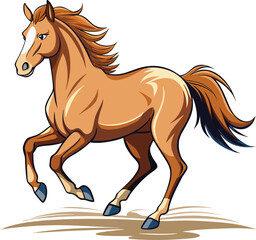 A galloping wild brown mustang with a flowing mane and tail is captured in a dynamic silhouette vector illustration