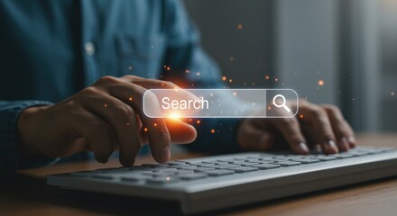 Person typing on a keyboard with a digital search bar overlay.