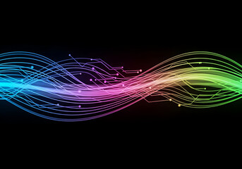 “Abstract background with waves for banner. Web banner size. Vector background with lines. Element for design isolated on black. Colorful gradient.”