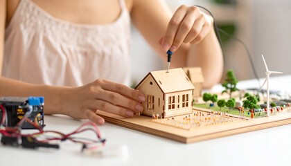 A young woman wires a miniature wooden house for a sustainable energy project with a wind turbine.