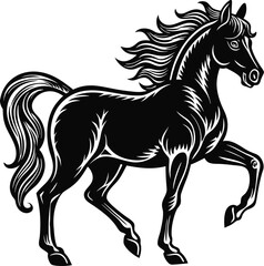 Black vector silhouette of a running wild mustang stallion with flowing mane and tail