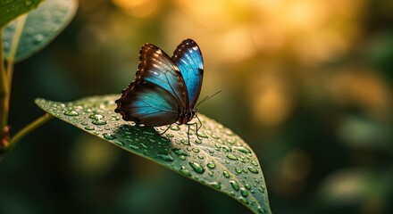 Brilliant blue morpho butterfly resting on vibrant green leaf covered in morning dew drops