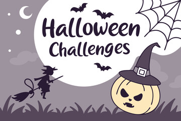 Illustration of halloween challenges with a witch on broom, bats, spider web and pumpkin with hat