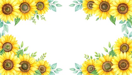 Watercolor sunflower border illustration with vibrant yellow petals and green leaves