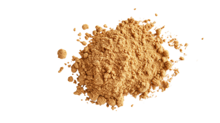 Fine ginger powder with a warm golden-brown hue spread on a clean white background or transparent png 
