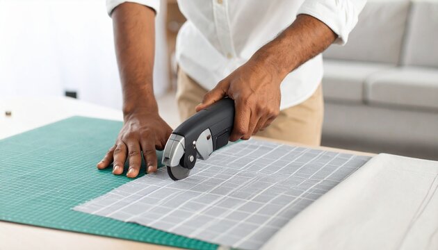 A person's hands using a rotary cutter to carefully slice gray plaid fabric on a green self-healing mat.