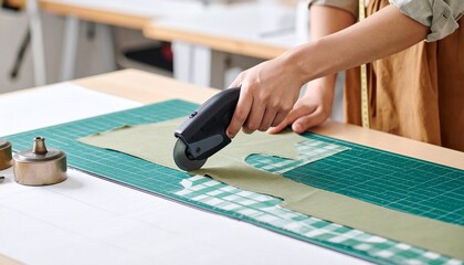 A tailor carefully cuts a fabric pattern with a rotary cutter on a large green cutting mat in a workshop.
