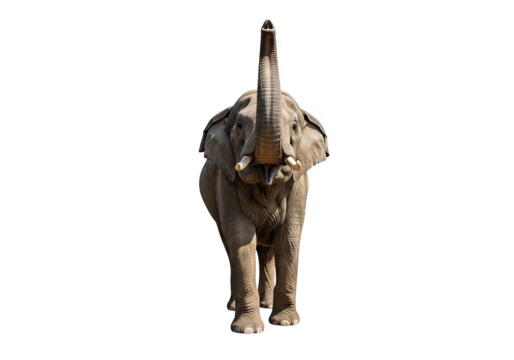 An african elephant with its trunk raised, isolated on transparent background