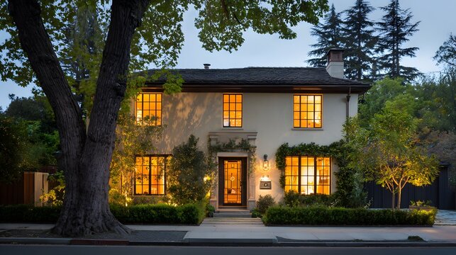 Contemporary suburban home at dusk, warm interior lights glowing through the windows.
