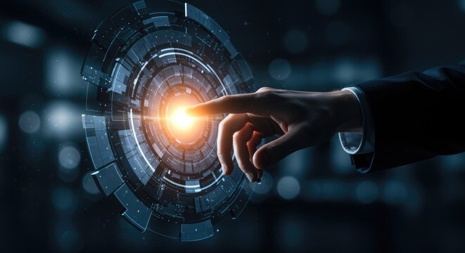 Human finger touching futuristic glowing energy portal with abstract technology background.