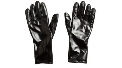 A pair of black rubber gloves laid flat on a white background or transparent png
