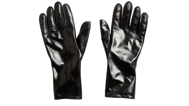 A pair of black rubber gloves laid flat on a white background or transparent png