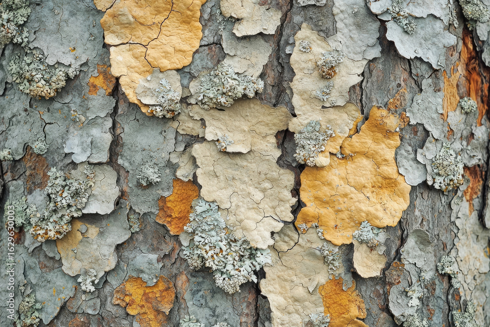 Poster close-up of tree bark texture with gray and orange lichen patches.