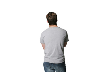 rear view of a young man looking up isolated on white