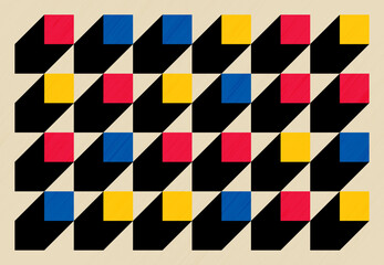 Vibrant geometric design composed of red, blue, and yellow squares with black shadow in a symmetrical grid. A bold, abstract pattern ideal for modern and artistic visuals.