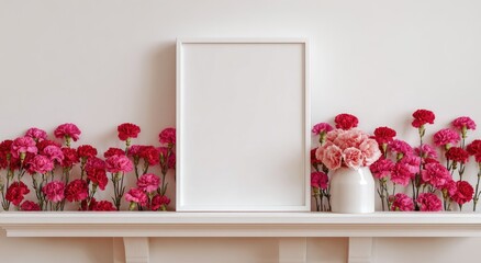 Blank white frame, pink carnations, white mantel