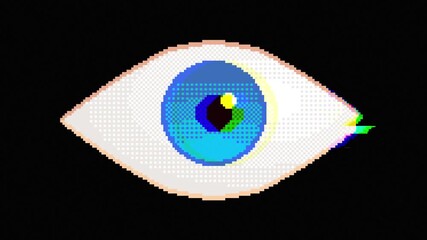 Loop animation of a single pixel art eye moving side to side with RGB glitch effect on black background. Stylized digital motion in retro aesthetics. - Powered by Adobe