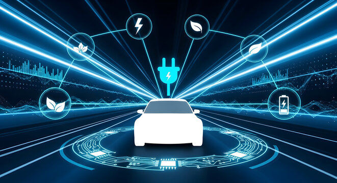 Futuristic electric car charging concept with glowing digital interface and eco-friendly leaf icons symbolizing sustainable transportation innovation - Powered by Adobe