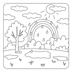 Landscape with bushes rainbow clouds and rain. Simple childrens coloring book with nature. Vector illustration with black outline.