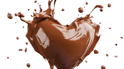 A chocolate heart is splattered with chocolate. The splatter looks like it's raining chocolate