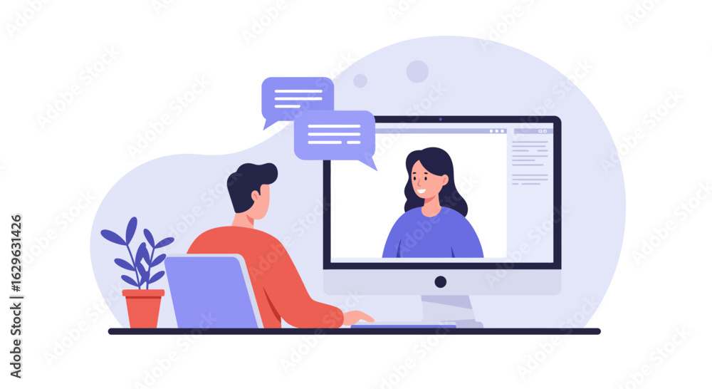 Poster man on a video call with a woman using a computer for remote communication