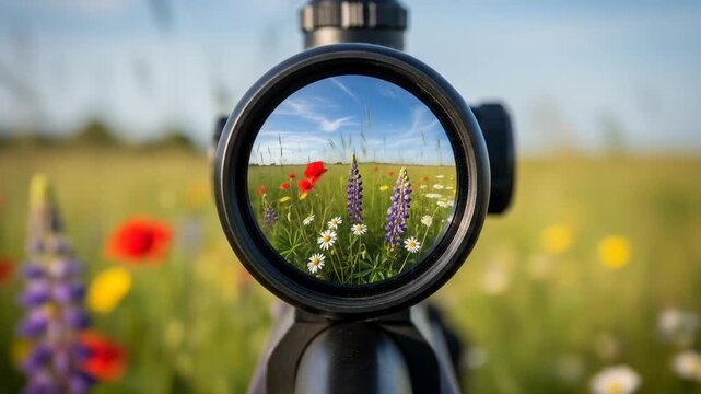 View through a rifle scope showcasing vibrant flowers and a clear sky in a serene field