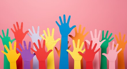 A collection of colorful paper cut out hands raised against a pink background in a studio setting