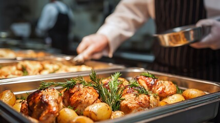 Naklejka premium Serving Roasted Chicken and Potatoes with Rosemary in a Restaurant Kitchen