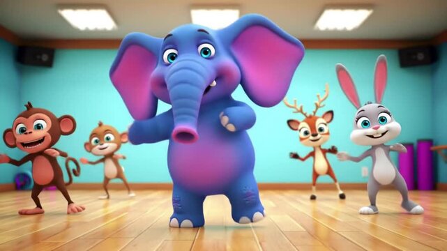 Animated animals dancing in a cheerful indoor setting