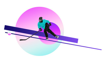 Bold poster of male hockey player skating forward in turquoise jersey over neon abstract backdrop. Concept of winter games design, youth sport promotion, event branding, and fitness education.