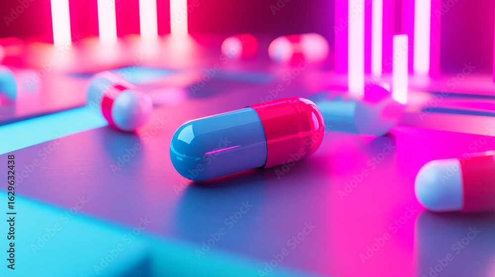 Wall mural a vibrant close-up of colorful capsules resting on a reflective surface. the dynamic colors create a