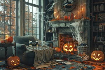 Cozy halloween night in spooky vintage library with glowing jackolanterns candles autumn leaves and enchanting fireplace decor