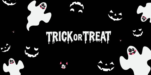 Happy halloween with spooky cartoon cards or banners with bats, pumpkins, ghosts,  cute and funny halloween style. Scary halloween isolated poster background, city panorama in halloween background