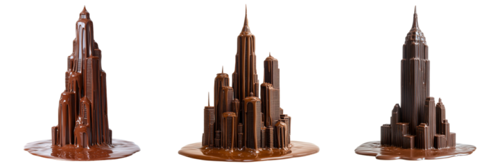 Melting Chocolate Skyscraper Sculptures Isolated on Transparent Background