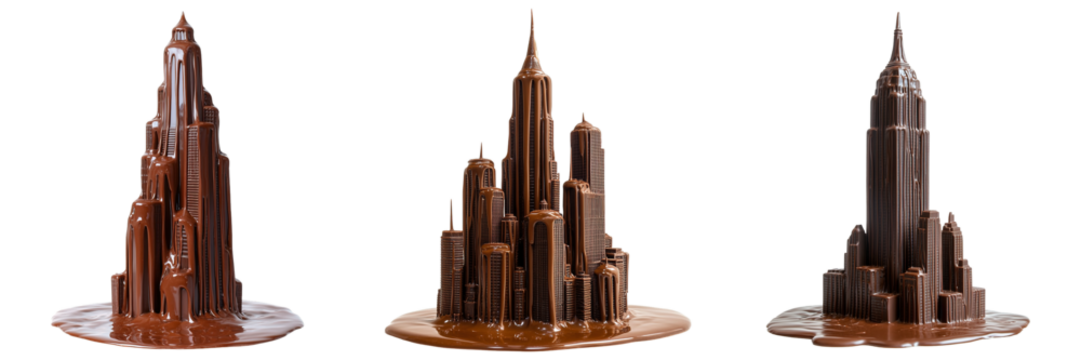 Melting Chocolate Skyscraper Sculptures Isolated on Transparent Background