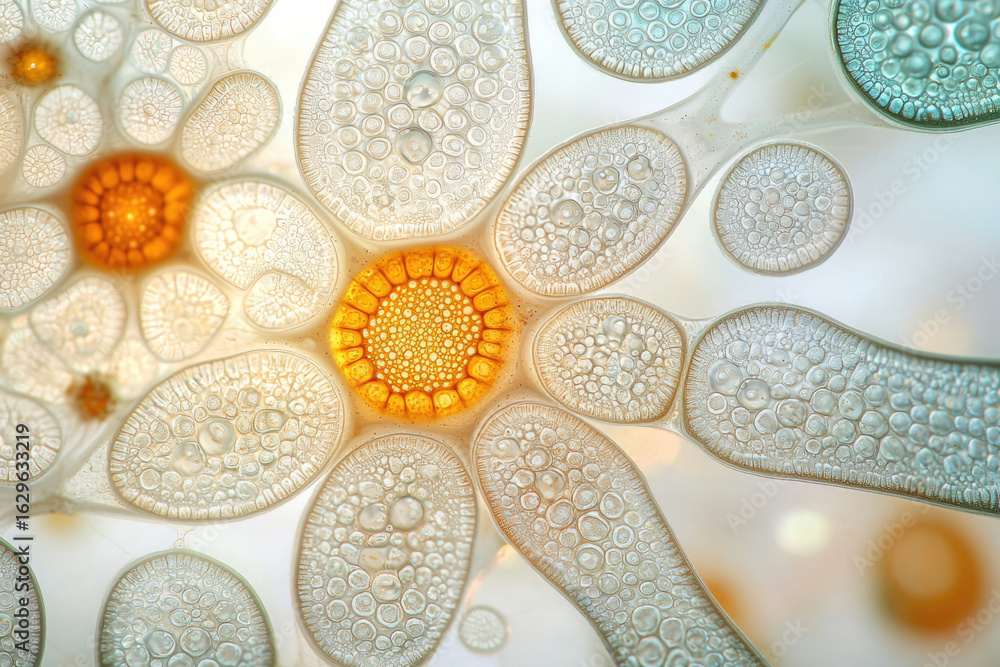 Fototapete microscopic view of intricate cellular structures resembling flower-like patterns with bubble-like f