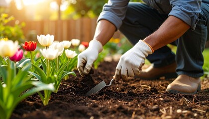 A person wearing gloves gardens with a trowel, tending to colorful tulips in a sunlit flowerbed.