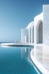 Fototapeta premium Serene architectural marvel featuring white arches, a pool, and ocean views, epitomizing minimalist design and tranquil luxury