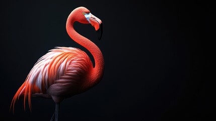 A stylish pink flamingo with a poised stance, placed on a jet-black backdrop. Exotic bird, sleek modernity.