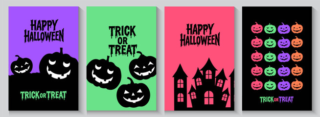 Happy halloween with spooky cartoon cards or banners with bats, pumpkins, ghosts,  cute and funny halloween style. Scary halloween isolated poster background, city panorama in halloween background