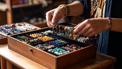 A woman's hands carefully select a beaded bracelet from a wooden jewelry box filled with a colorful assortment.